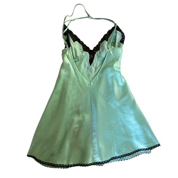 Frederick's of Hollywood Satin Teal Green Slip Dress with Black Lace Trim - Picture 2 of 3